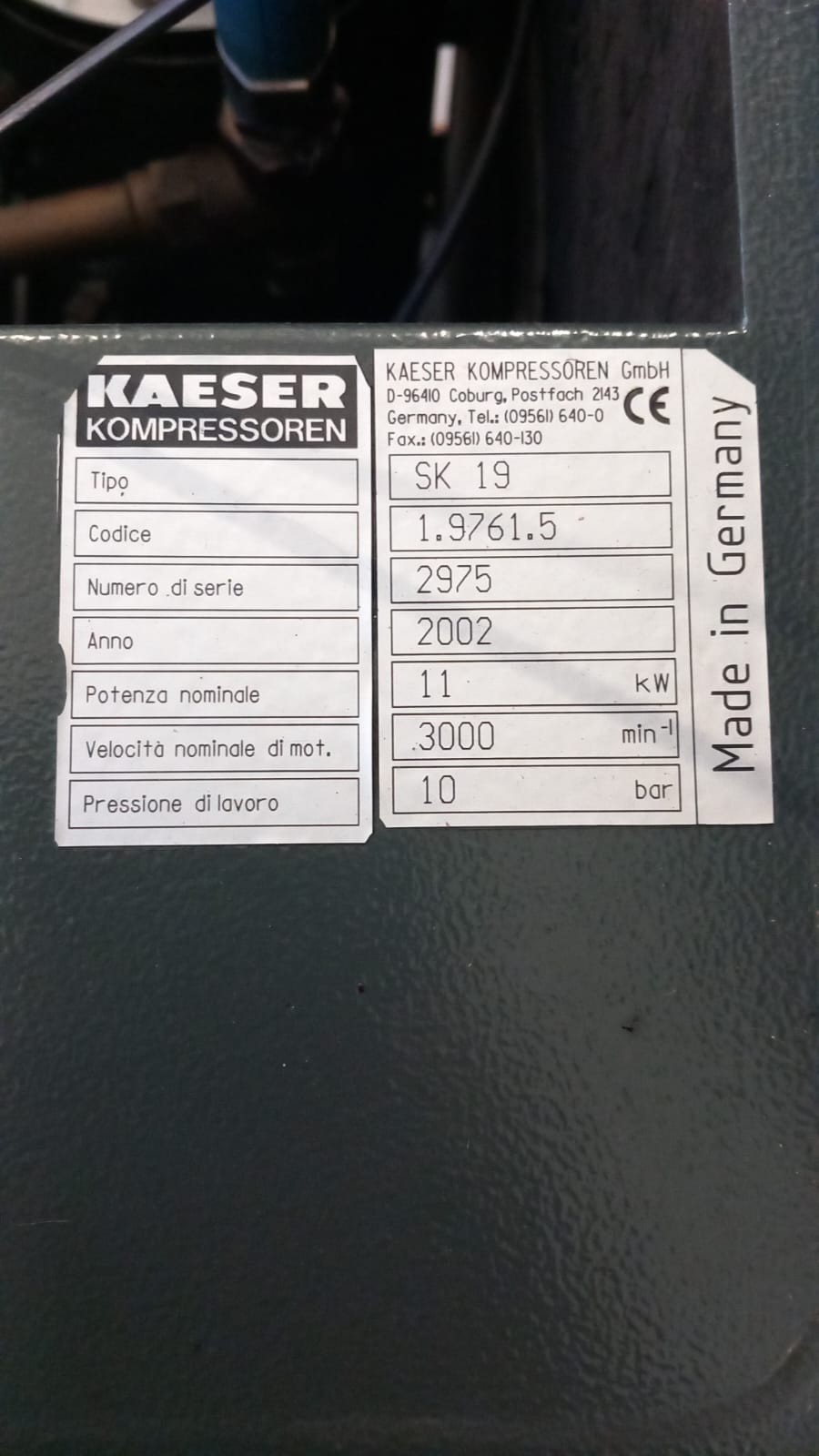KAESER SK19 (2002) – Compressore a vite 11 kW (15 HP) – 10 bar – 1800 l/min – USATO REVISIONATO (0 ore) + GARANZIA 6 MESI il Metalmeccanico Di M