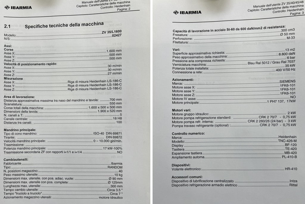 Centro di lavoro verticale a montante mobile IBARMIA ZV 35 L1600 usato il Metalmeccanico Di M