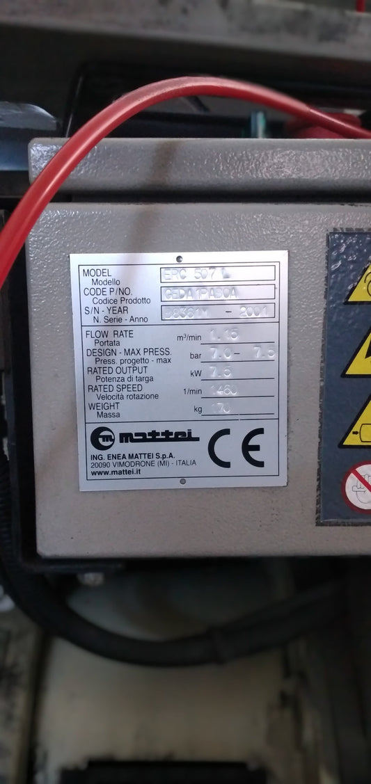 MATTEI ERC 507 L – Compressore a palette 7,5 kW (10 HP) – 7,5 bar – 1150 l/min – USATO REVISIONATO (0 ore) + GARANZIA 6 MESI
