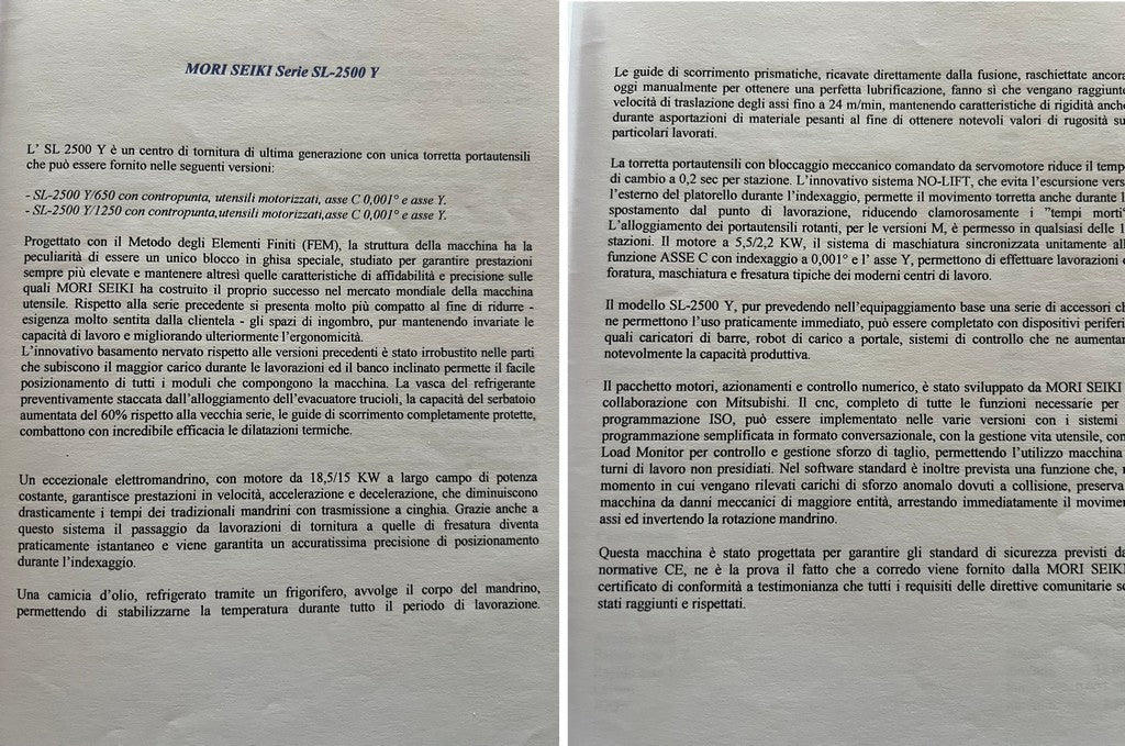 Tornio cnc motorizzato asse Y MORI SEIKI SL 2500 Y usato